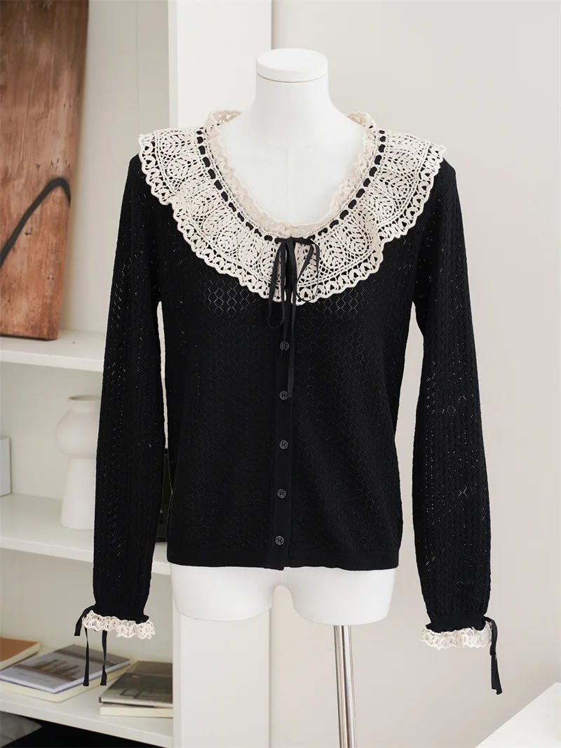 Black Knitted Cardigan Women Long-Sleeved Sweet Hollow Lace Trim Lace-Up Round Neck Ladies Slim Knit Sweater Spring New