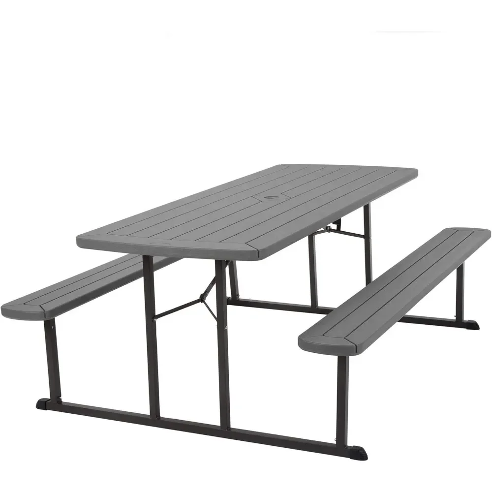 Outdoor Living 6 ft. Folding Picnic Table, Dark Gray Wood Grain Resin with Gray Steel Legs