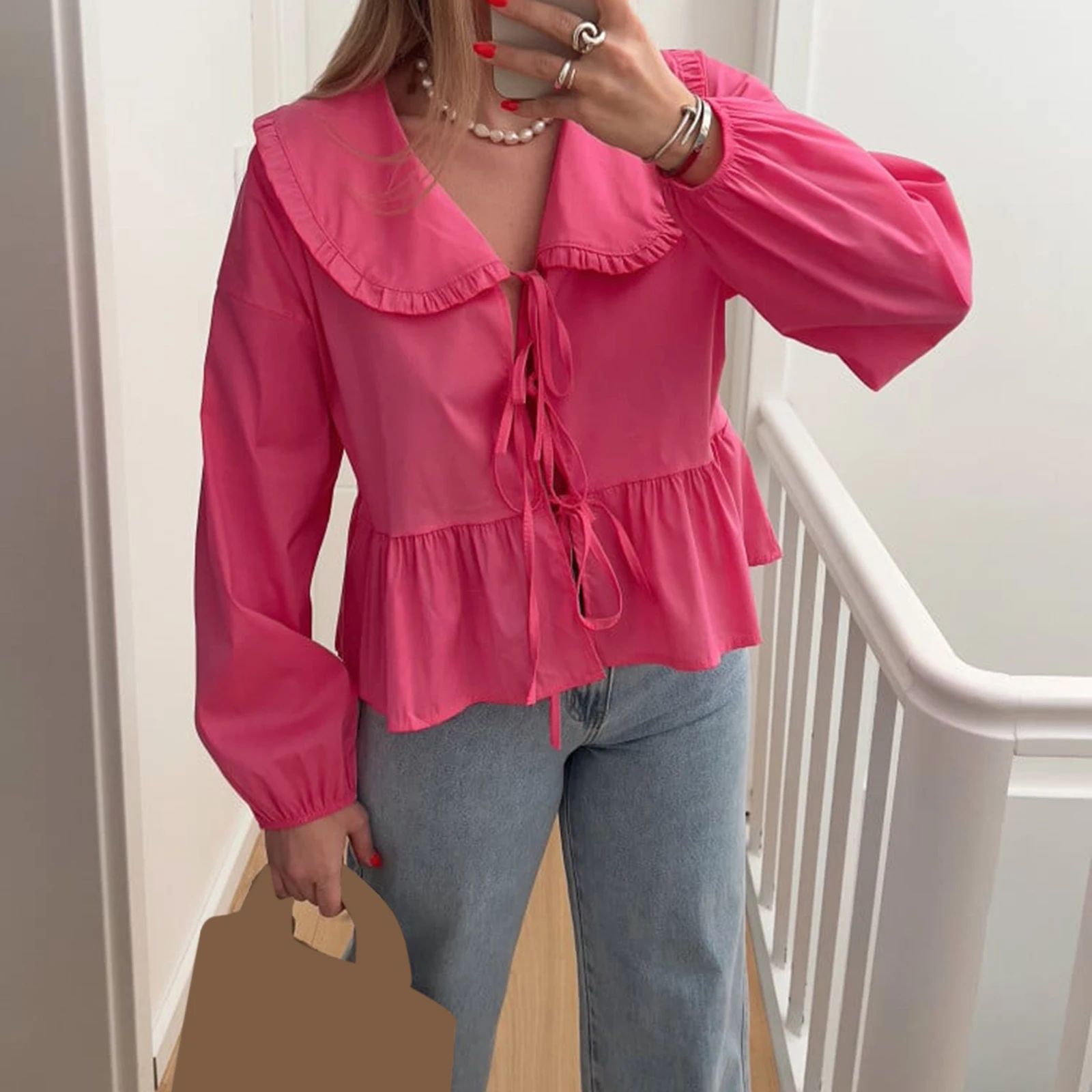 Women Aesthetic  Basic Tie Front Tops Casual Solid Color Doll Collar Long Sleeve Shirt for Club Streetwear Aesthetic Clothes