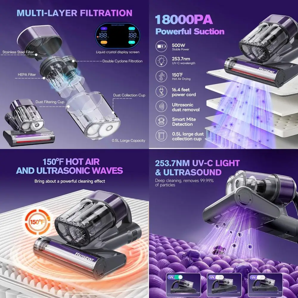 

Мощный ультразвуковой очиститель матрасов с силой всасывания 18 кПа, 150 ° Устройство для удаления волос с кроватей, диванов и шерсти домашних животных с функцией F-излучения, УФ-С светом и умной двойной чашей