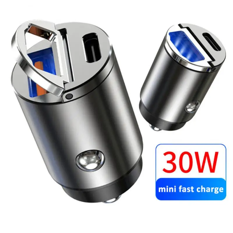 30W Car Mini Charger Fast Charging PD+QC/PD+PD Dual USB Type C Auto Cigarette Lighter Adapter Accessories 12-24V