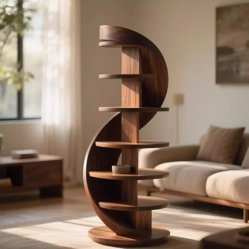 

Walnut spiral bookshelf modern light luxury solid wood floor shelf living room design decorative bookcase