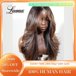 Ombre Brown Layered  Human Hair Wigs For Women Blowout Looks 13x6 Lace Frontal Wig Human Hair Pre-Cut Lace Wig With Curtain Bang