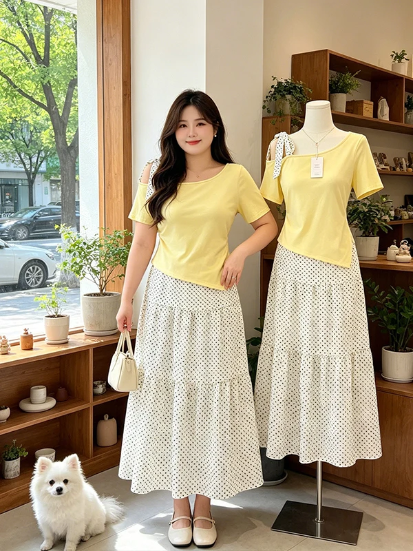

Summer Elegant plus Size Women's Outfit with Shoulder Bared Short Sleeve Top And Polka Dot Half Skirt Color Block Set