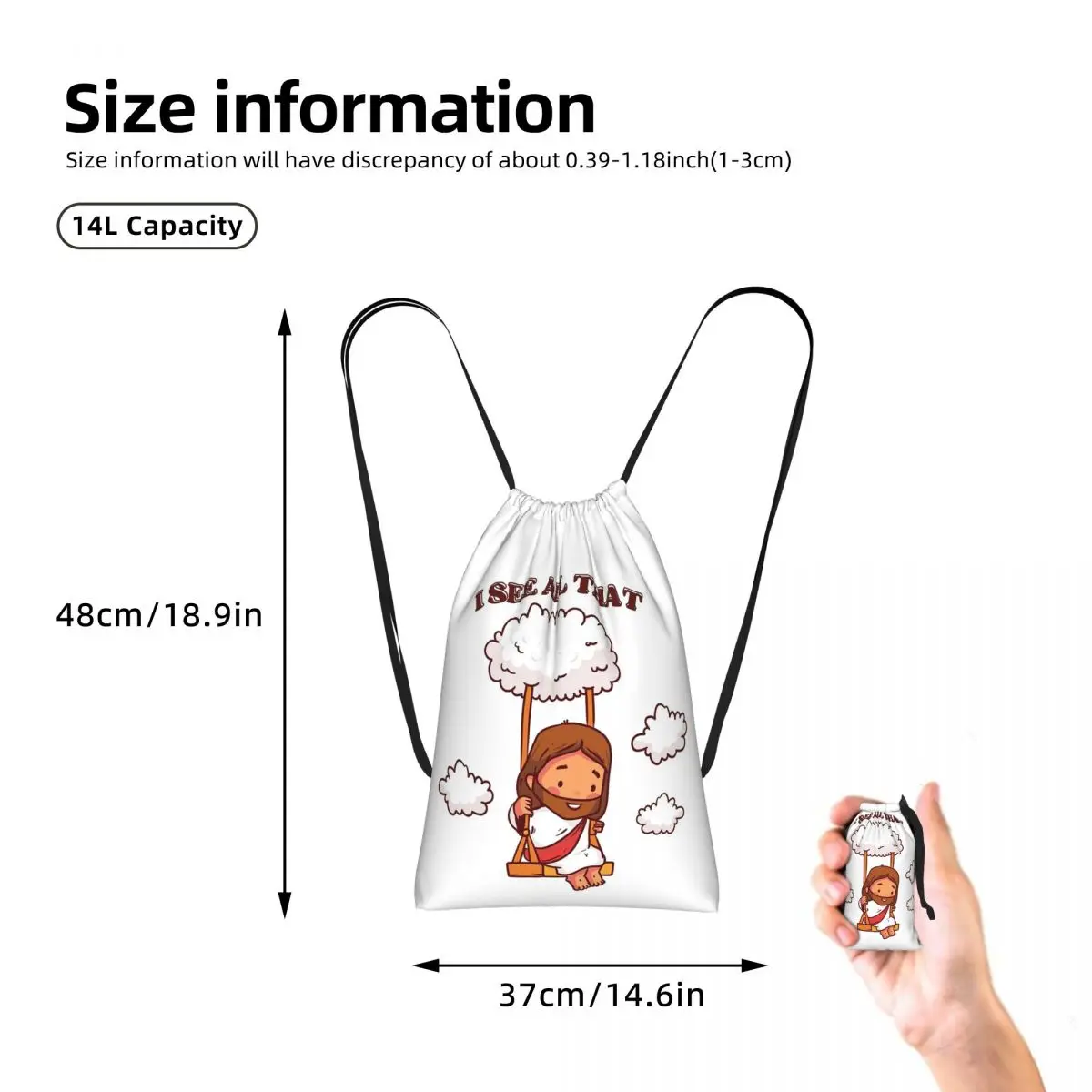 I See All That Cute Jesus On A Cloud Swing Drawstring Backpack Sports Gym Bag Portable Travel Drawstring Bag for Men Women