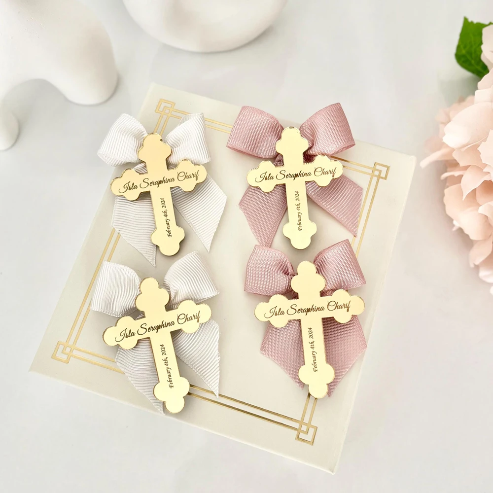 30pcs Recuerdos de Bautizo Personalizados con Cruz, Etiquetas de Nombre en Acrílico Espejo Dorado, Decoración de Fiesta Cristiana para Niño o Niña, Detalles de Mi Bautizo y Comunión