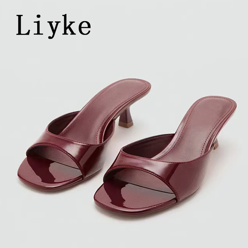 

Liyke Wine Red Patent Leather Women Slippers Sandals Fashion Square Open Toe Low Thin Heels Mules Slides Summer Party Dress Shoe