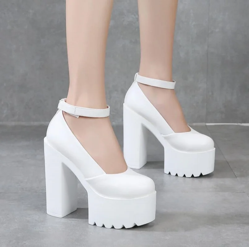 

Women Pumps 14CM Thick High Heels WHITE Black Sexy PU Slip On Round Toe waterproof Party Wedding Office & Career shoes