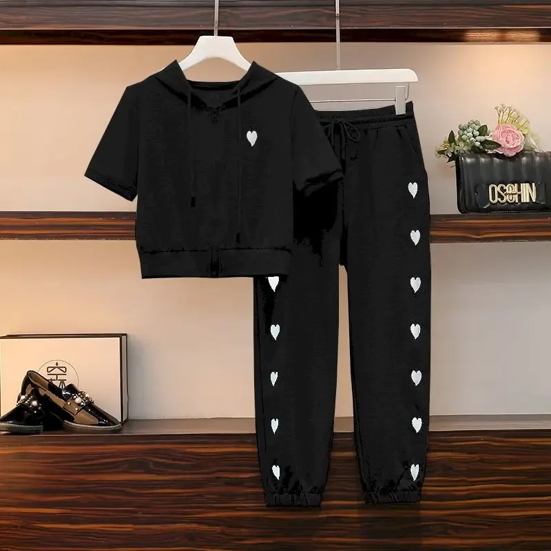 Womens T Shirts Sets Fashion Short Hooded Sports Casual Suits 2024 Summer Trend Slim Short Sleeve Tops Sweatpants Two Piece Set