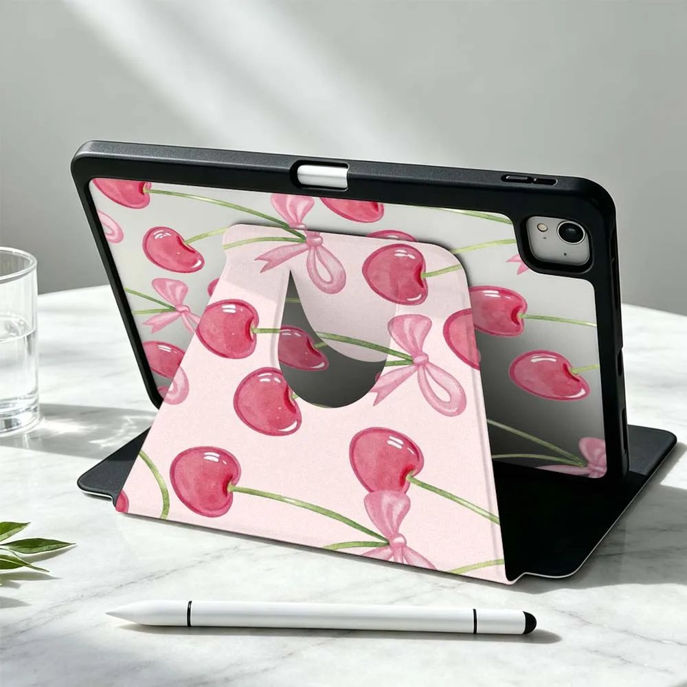Cartoon Bow and Cherries For iPad Pro Air mini 6 5 4 12th M5 M4 M3 M2 A16 A17Pro 360° Rotation Stylus Storage Tablet Case
