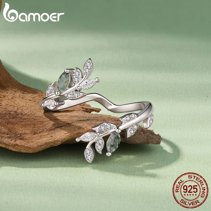 BAMOER Natural Moss Agate Leaf Ring 925 Sterling Silver Stackable Plants Rings Set for Women Party Fine Jewelry Gift 5