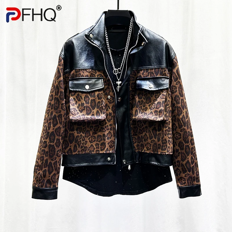 PFHQ Retro Leopard Men\'s Print Jacket Personalized Design Spliced PU Leather Short Imitation Suede Coat Patchwork 21Z7553