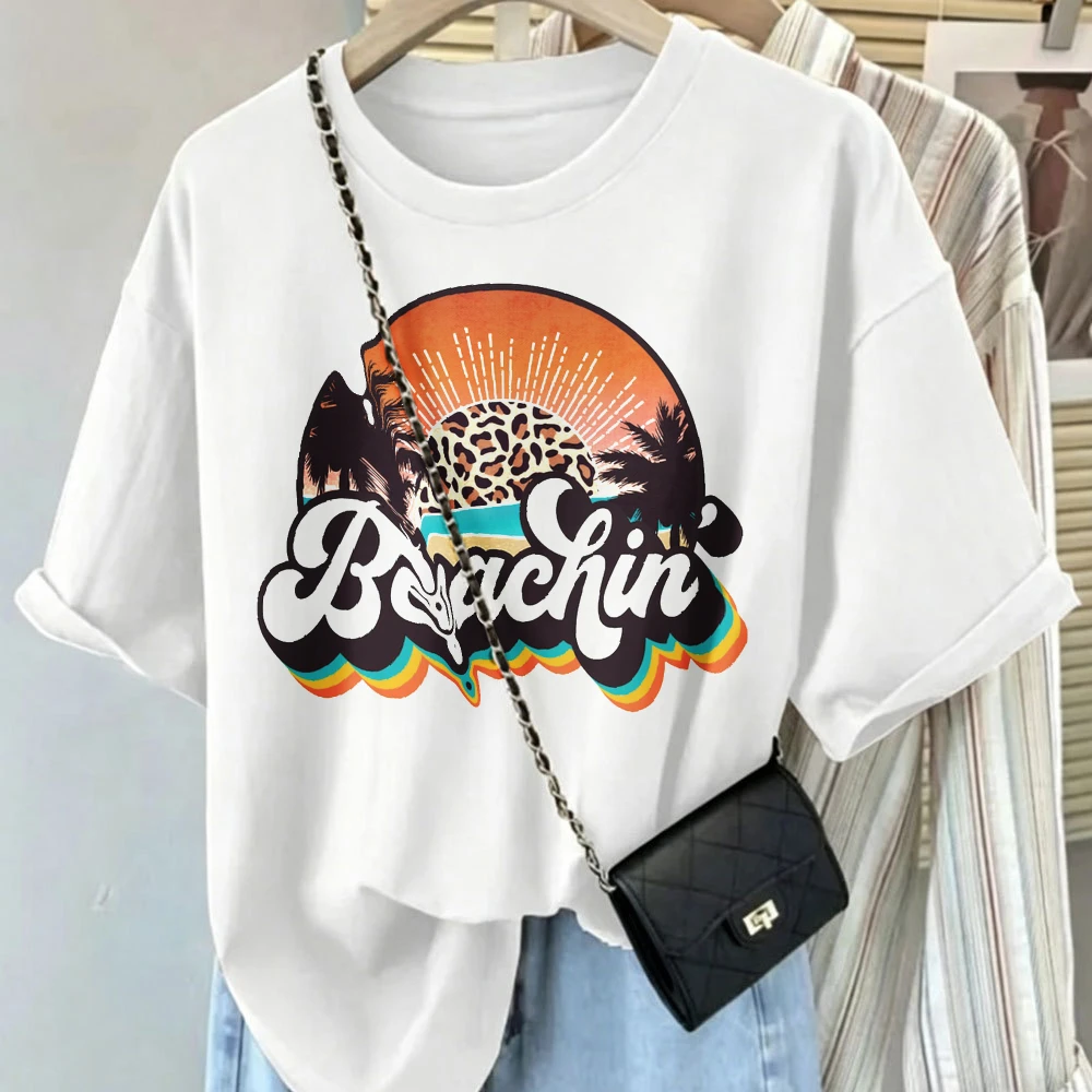 Beachin Retro Sunset Leopard Palm Tree Graphic T Shirt Vintage Rainbow Letter Print Oversized Cotton Women T Shirt