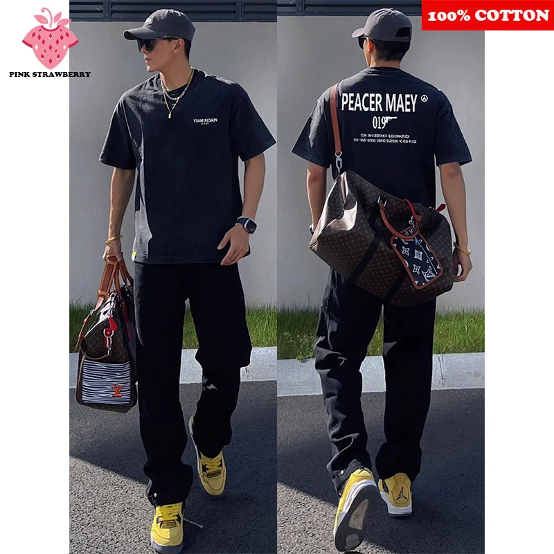 

American style Black T-shirt Men Summer 2025 New Letter Print Short sleeves Street Gym Sport T-shirt Loose Y2k Top mens clothing