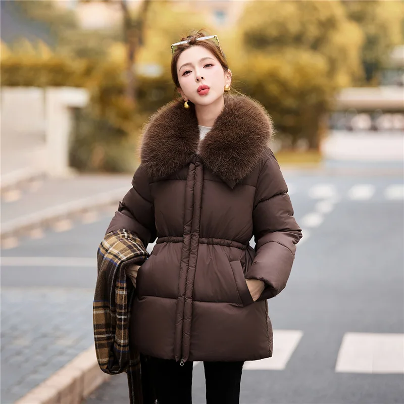 Womens Winter Parka Coat Casual Lady Outerwear Thick Big Fur Collar Mid Long Down Cotton Jacket Loose Cold-proof Cotton Clothes