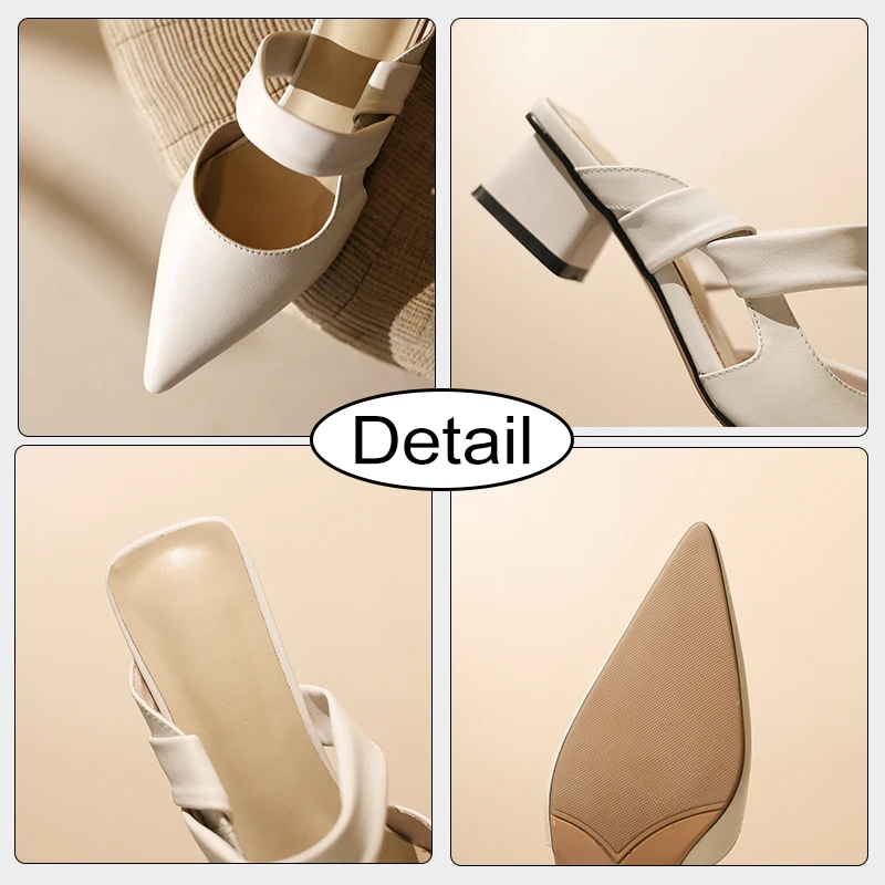 JOZHAMTA Size 34-39 Sandals Women 2023 Summer Pointed Close-Toe High Heels Shoes Real Leather Slippers Chunky Heel Ladies Mules