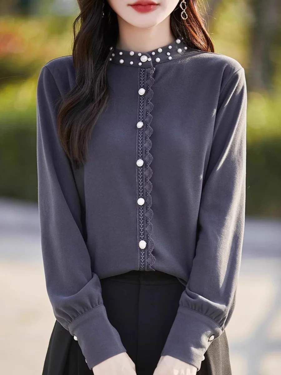 

Elegant Stand Collar Women's Shirt Fleece Thickened Winter Warm Knitted Top Pearl Embellished Korean Style Long Sleeve Coat