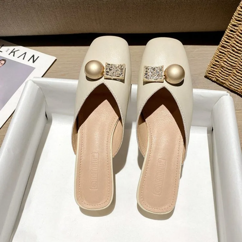 Casa mules sapatos trabalho em casa fora chinelos femininos e senhoras sandálias slides damasco salto baixo h sandália novo estilo na promoção i