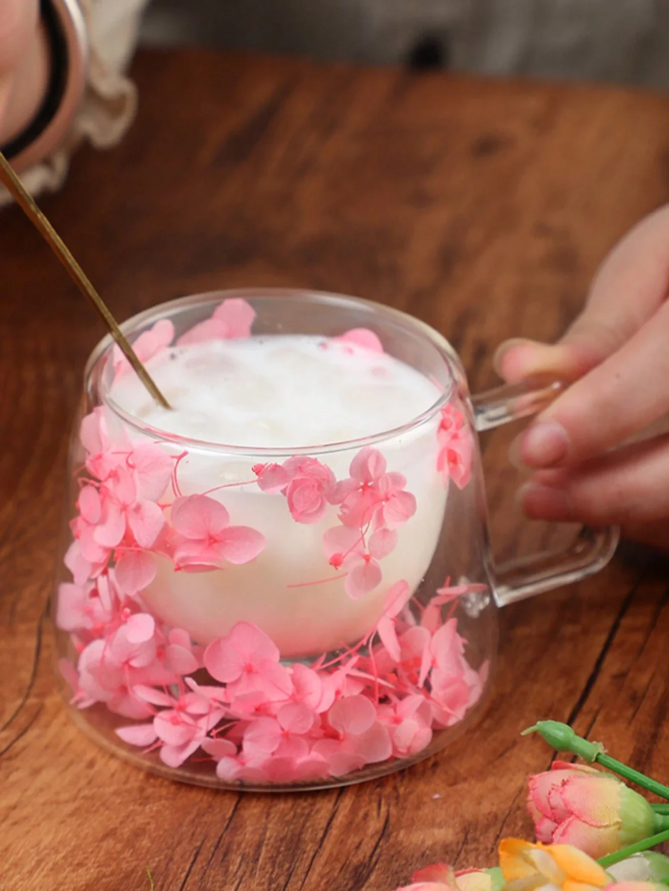 200ml Double Wall Glass Cup Clear Dried Flowers Glass Tea Cup Gifts Glass Cup Fill Artificial Simulation Flowers Teacup