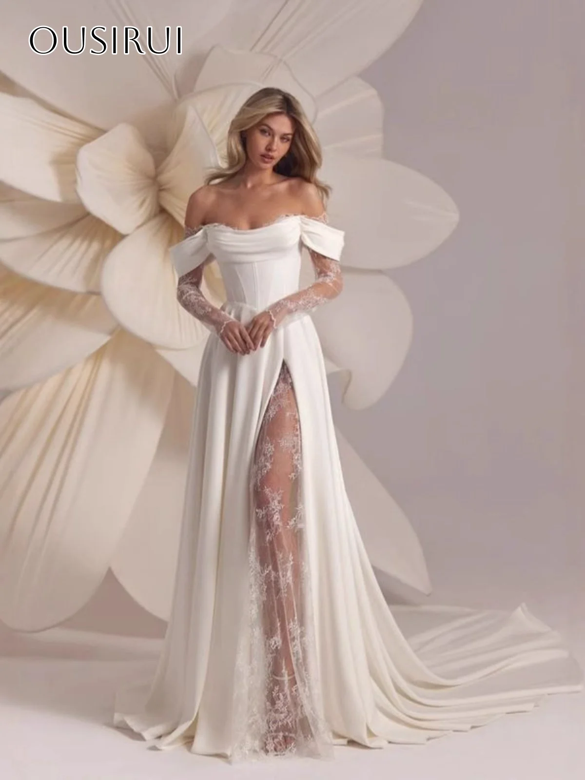 오프숄더 프롬 드레스 레이스 긴 소매 쉬폰 스윕 트레인 코르셋 백 플리츠 파티 가운 맞춤형 웨딩 드레스