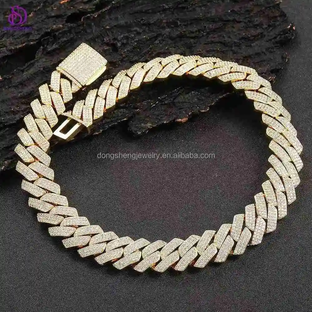 Hip Hop Jewelry 14k 18k Plating Gold Luxury Necklace 925 Sterling Silver 18mm 20mm 3 Rows Vvs Moissanite Diamond Cuban Chain