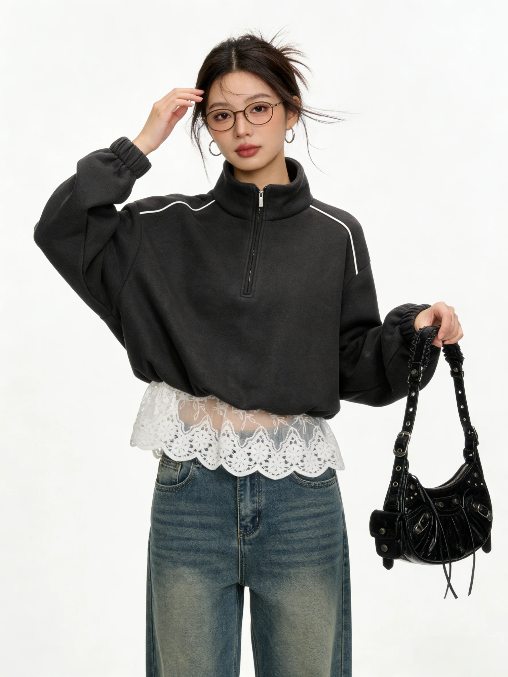 

Loose Lace Splice Fake Two-Piece Sweatshirt Women's Spring Outerwear Slimming Design Stand Collar Breathable Long Sleeve Top