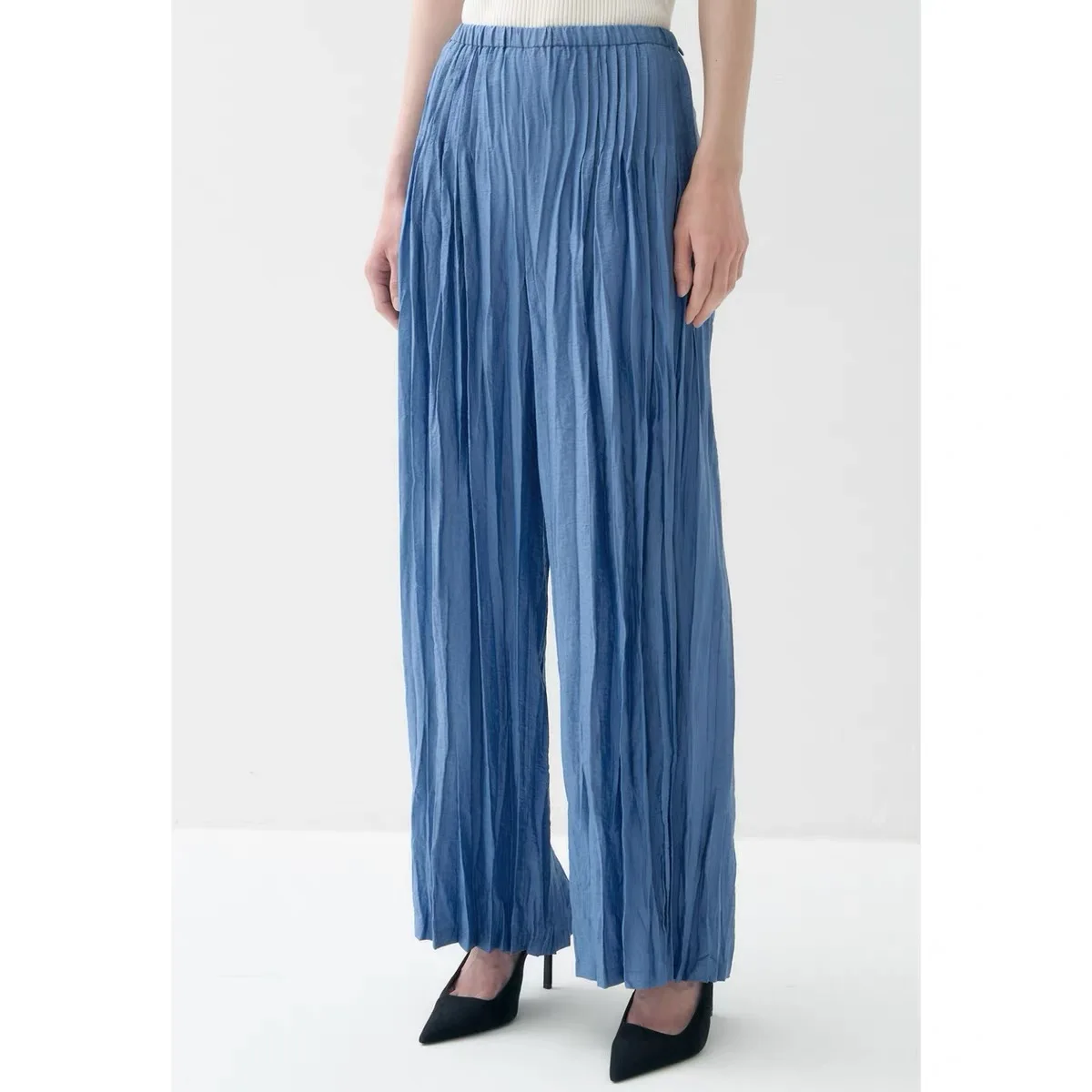 Elegant Casual Lemon Cheese High Quality LAN26 Summer Pleated Texture Slimming Elastic Waist Straight Leg Pants