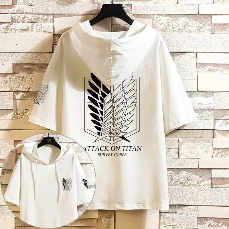 Summer hooded T-shirt short sleeve attack Giant Wings of Freedom anime around casual loose clothing