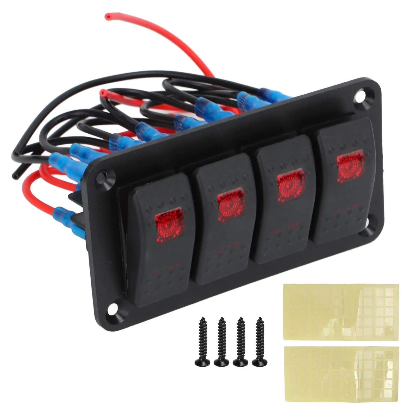 

4 Gang Waterproof Rocker Switch Panel with Red Backlight - Prewired 20A/10A for DC 12V/24V Boats & Cars - Aluminum with