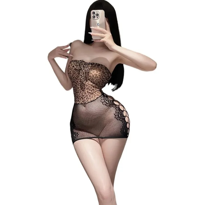 

Tornova Girl Seductive Sleeping Skirt Leopard Print Hollow Out See-through Women Bodysuit Bodycon Dress Erotic Hot Coquette Set