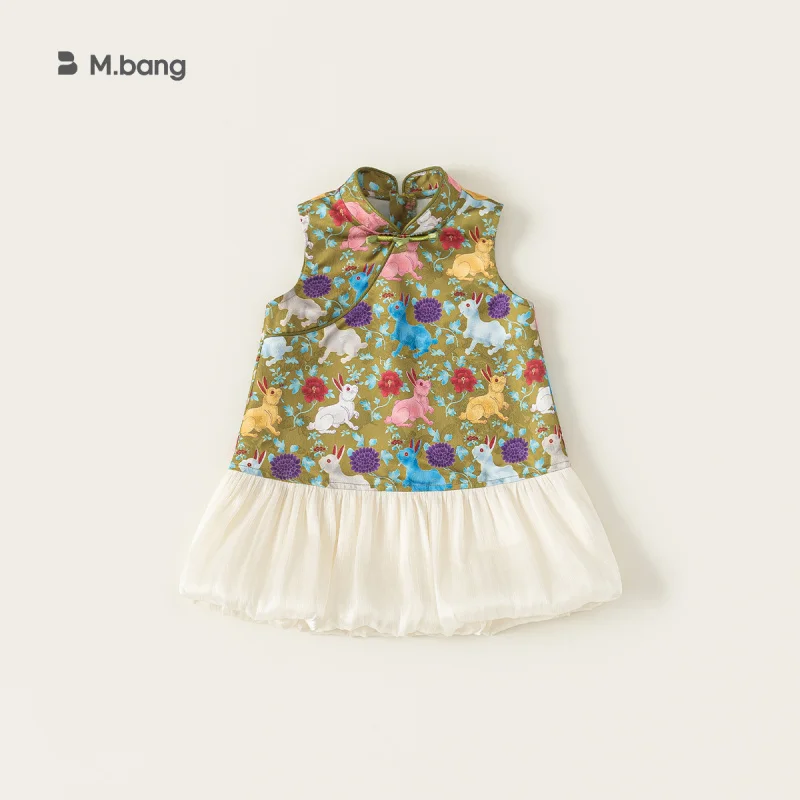 

Bangxuan children's clothing girls' dress, retro Tang-style Chinese-style sleeveless cheongsam dress with floral patchwork and s