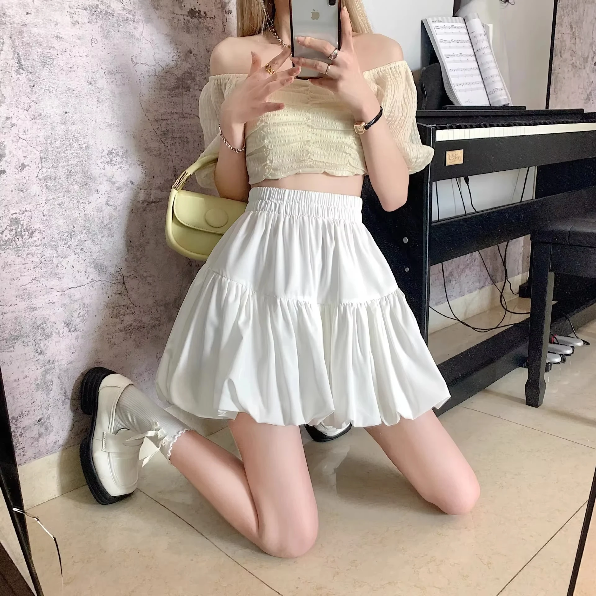Jupe mini plissée évasée taille haute d'été, motif bourgeon floral, jupe gâteau amincissante pour femme, style mignon, Balletcore, Lolita, Y2K