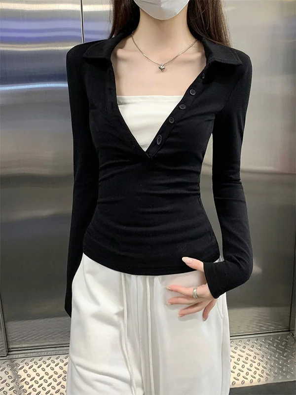 Retro American Fake Two-Piece Color Block  Collar Long Sleeve Black T-Shirt Women's Spring Summer Short Top INS Style Bre...