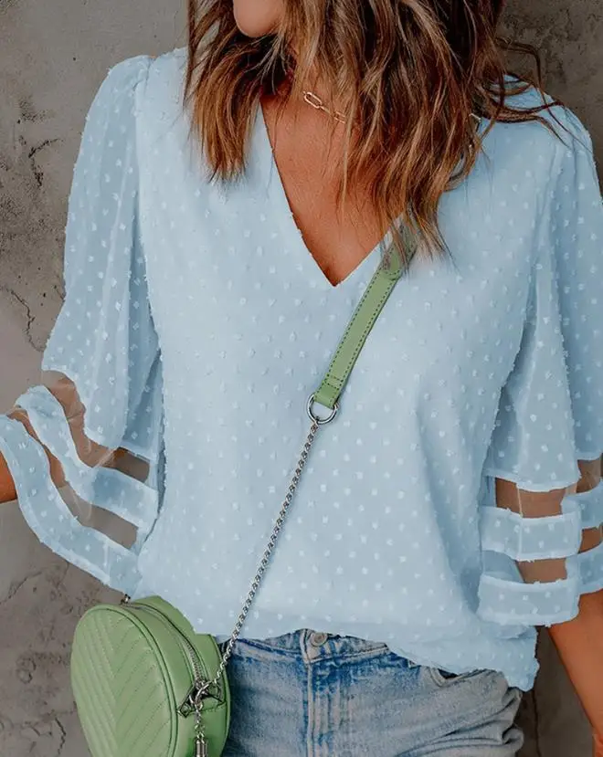 

Women's Fashion Blouse 2024 Summer Autumn Latest V-Neck Bell Sleeve Contrast Mesh Swiss Dot Shirt Daily Loose and Simple Top