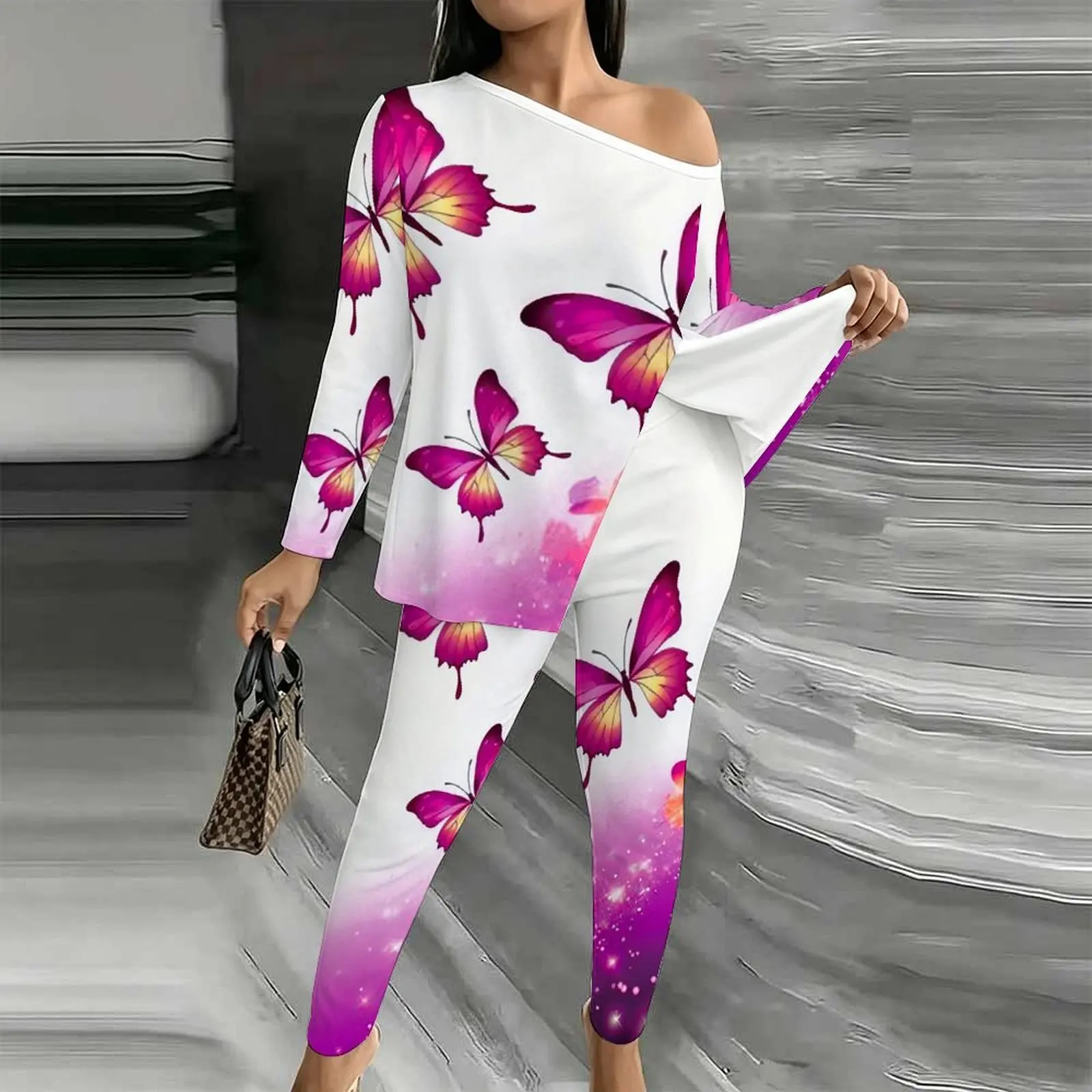 Autumn Off Shoulder T-shirt Winter Diagonal Collar Long Sleeved Elegant Two-piece Set Women's Fashion Printed Jogging Pants