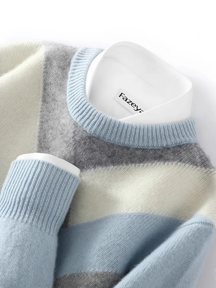 

Осень-зима, новый трикотаж из 00% чистой шерсти, мужской круглый лоскутный свитер Ne Thiened, свободный повседневный шерстяной вязаный свитер irt