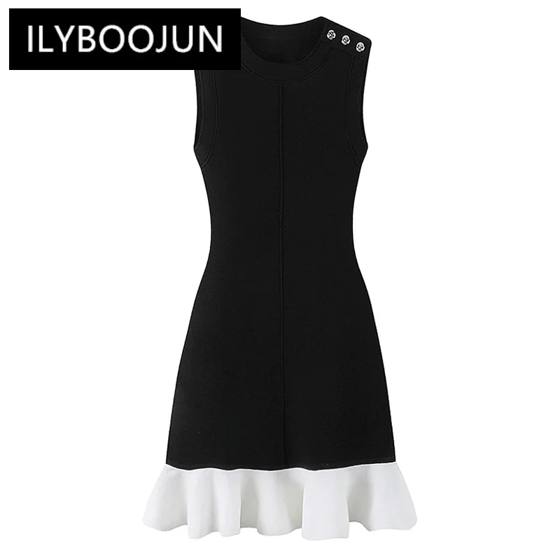 

SML Spot Summer 2024 New Lady Celebrity Sleeveless Slim Slim Short Knitted Dress Ruffled Wool Short Skirt