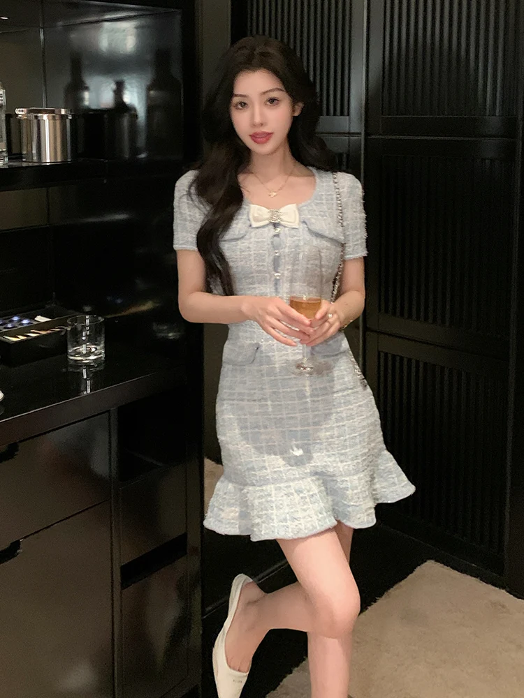 

Blue Knot Short Sleeve Knitted Dress Spring New Year's Orgirish Fashion Elegant Lady Style Wrap around Skirt