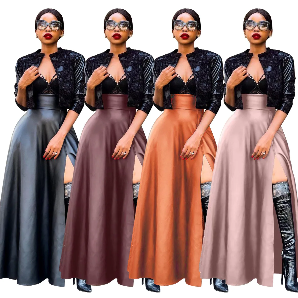 

Long Skirts Women Pu Leather Skirt Split High Waist Solid Color Sexy Irregular Floor Length Summer Office Lady Maxi A Line 2025