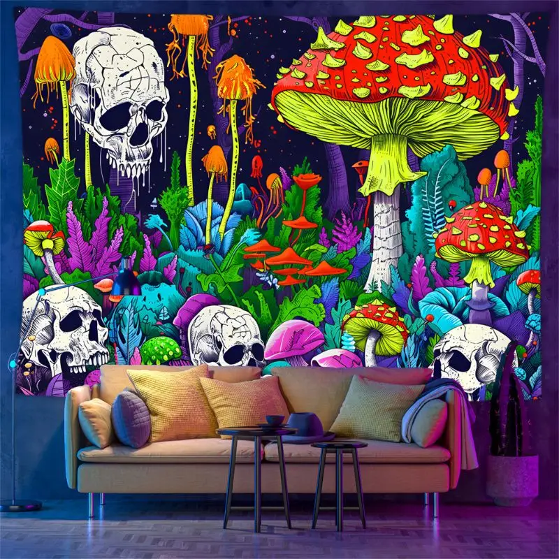 VIKAMA Trippy Mushroom Tapestry Wall Hanging Blacklight Skull Psychedelic Forest UV Reactive Aesthetic Wall Art Dorm Decor