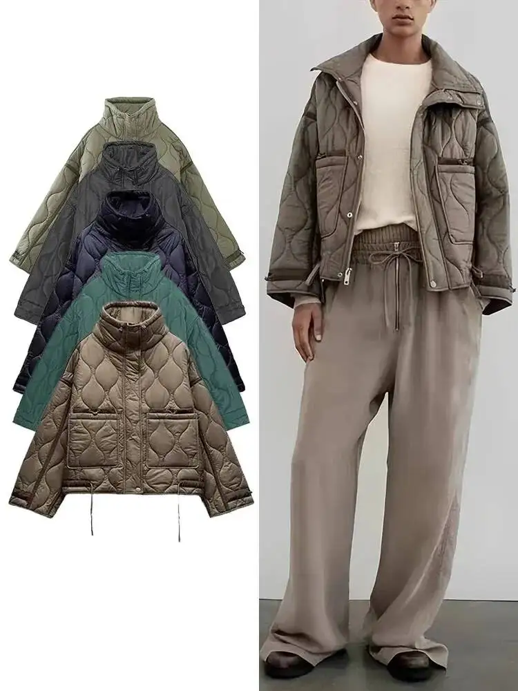 

Women's New Fashion Warm Cotton Fall And Winter Standing Collar Long Sleeve Front Zipper With Buttons Vintage Jacket