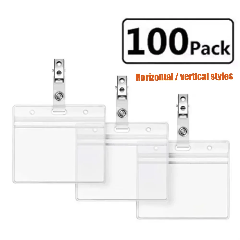 

100PCS Horizontal/Vertical PVC ID Badge Clear Holder with Metal Clips Waterproof ID Holder Bulk Office Staff Card Cover Name Tag