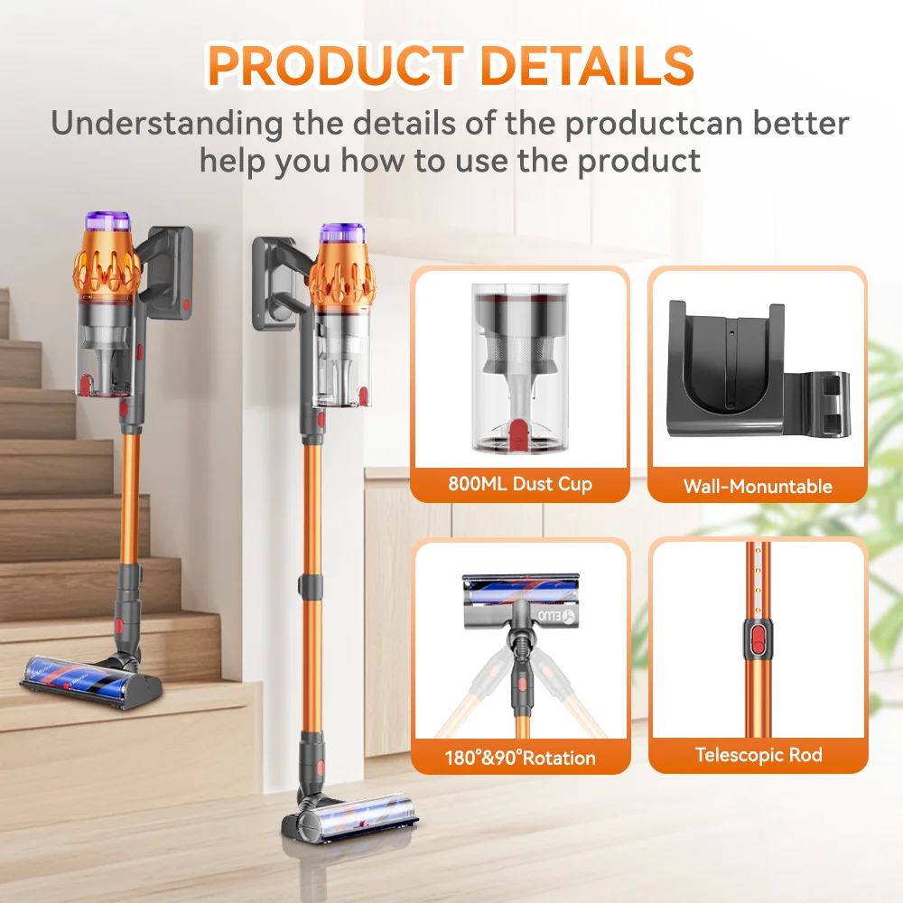 E.LUO Cordless Vacuum Cleaner LED Touch Screen Handheld High Suction Cordless Electric Broom for Floor Carpet Pet hair Car Clean