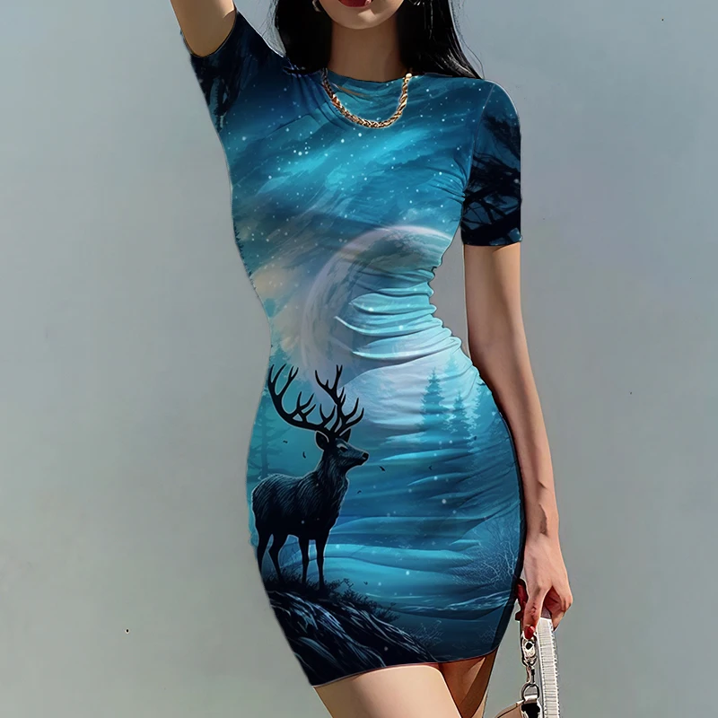 Summer new lady slim dress deer moon 3D printed lady dress beautiful lady slim dress fashion trend lady slim dress