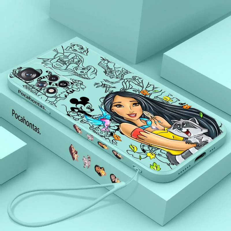 Disney Pocahontas Liquid Left Rope Phone Case For Redmi Note 13 12 11 10 9 Pro Max Lite S T E Plus 4G 5G Funda Shell Silicone