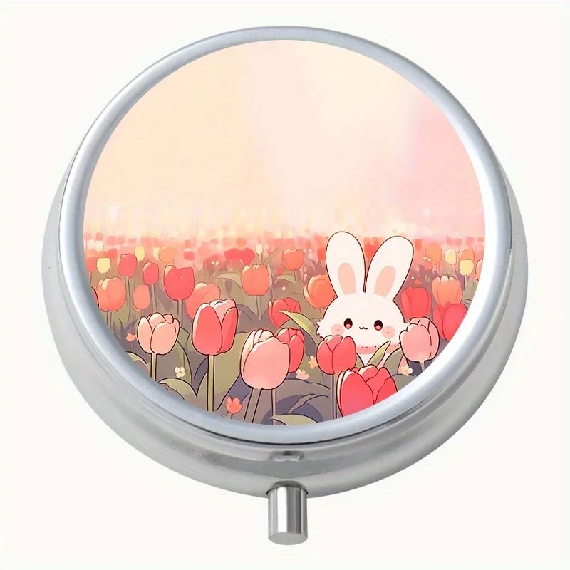 Round Pill Box with Rabbit and Floral Pattern, 3-Compartment Pill Case, Portable Jewelry Storage Box for Earrings and Necklaces, Mini Exquisite Jewelry Organizer, Pill Box, Mini Portable Sealed Pill Case, Multi-Compartment Storage, Portable Daily Pill Box, Suitable for Birthday, Party, Anniversary, Christmas, Halloween Gifts, Ideal Gift for Family, Friends, Partners, Girlfriends
