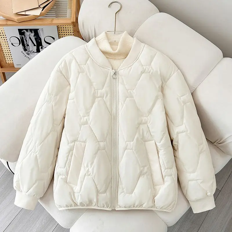 Women Diamond Quilted Baseball Collar Coat Autumn Winter Loose Short Zip Padded Jacket