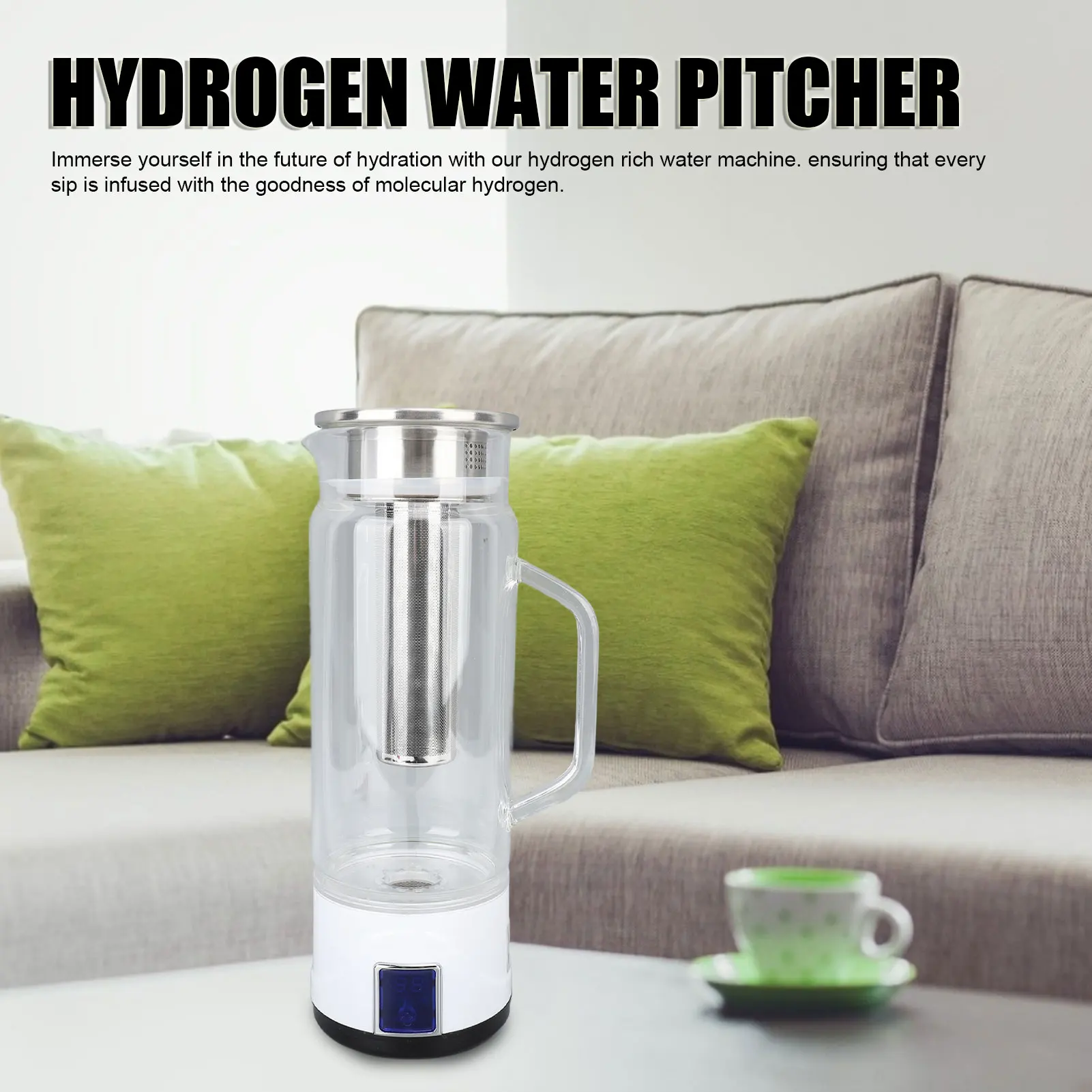 

Hydrogen Water Pitcher Rich Hydrogen Water Generator Machine with Tea Infuser 1000ml Capacity 1000‑1500ppb Touch Switch for Home