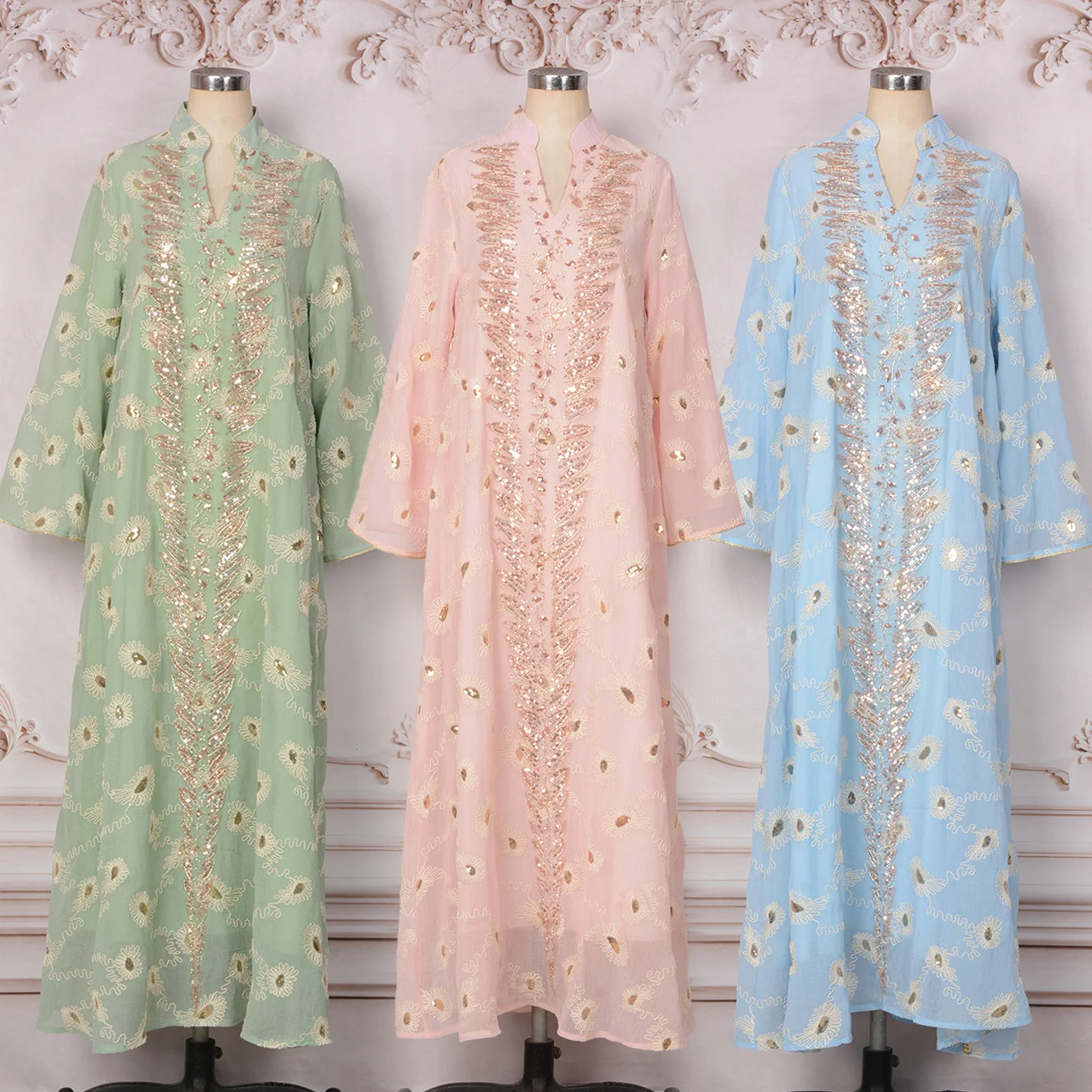 

Ramadan Eid Kaftan Jalabiya Long Islamic Party Dress. Slim-Fit Thread & Sequins Embroidered Sweet Muslim Abaya Women Dress