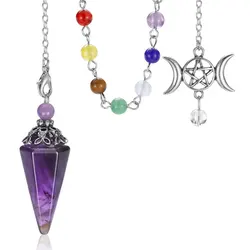 Reiki Natural Stone Amethysts Pendulums for Divination Dowsing Purple Quartz with Triple Goddess Chain Spiritual Pendulos 